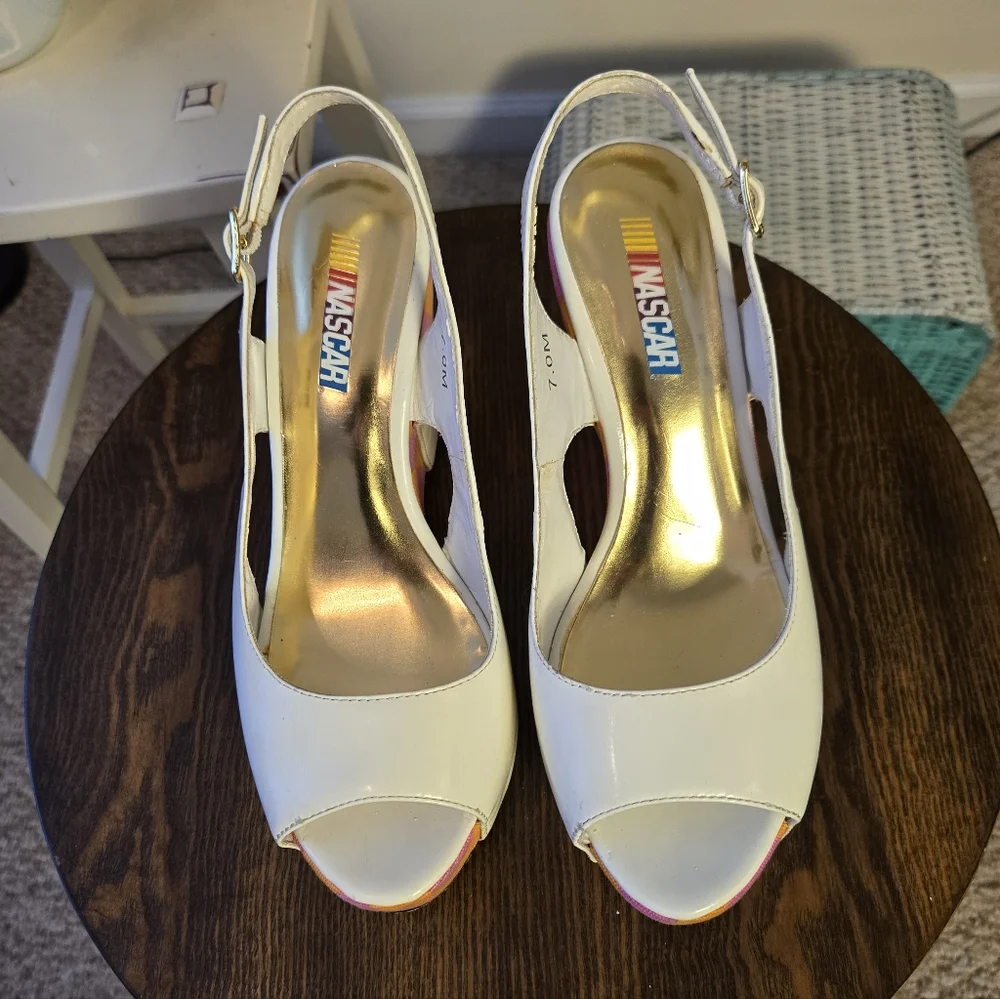 White Patent Leather Wedge with Pink Orange 70's Vibes